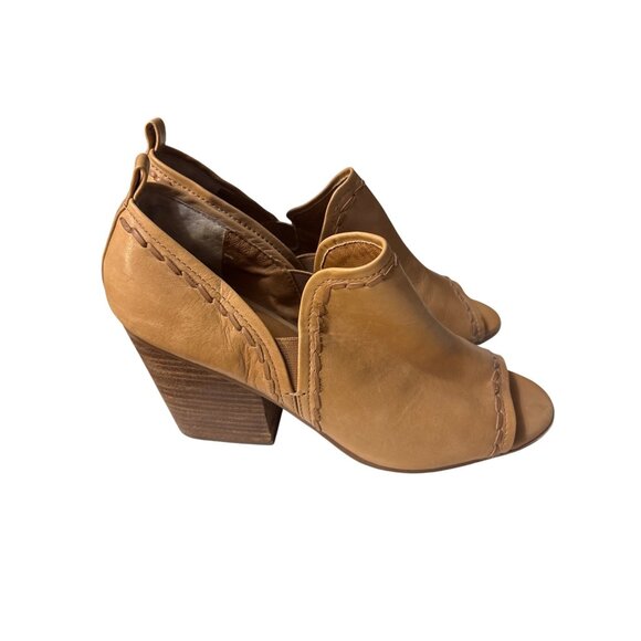 Lucca Lane Tan Leather Peep-Toe Block Heel Sandals With Stitch Detail & Back Pul - Picture 5 of 8